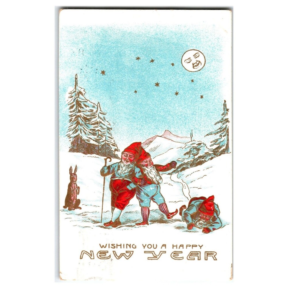 Vintage 1909 New Year Gnomes Postcard Snow Scene Man in the Moon